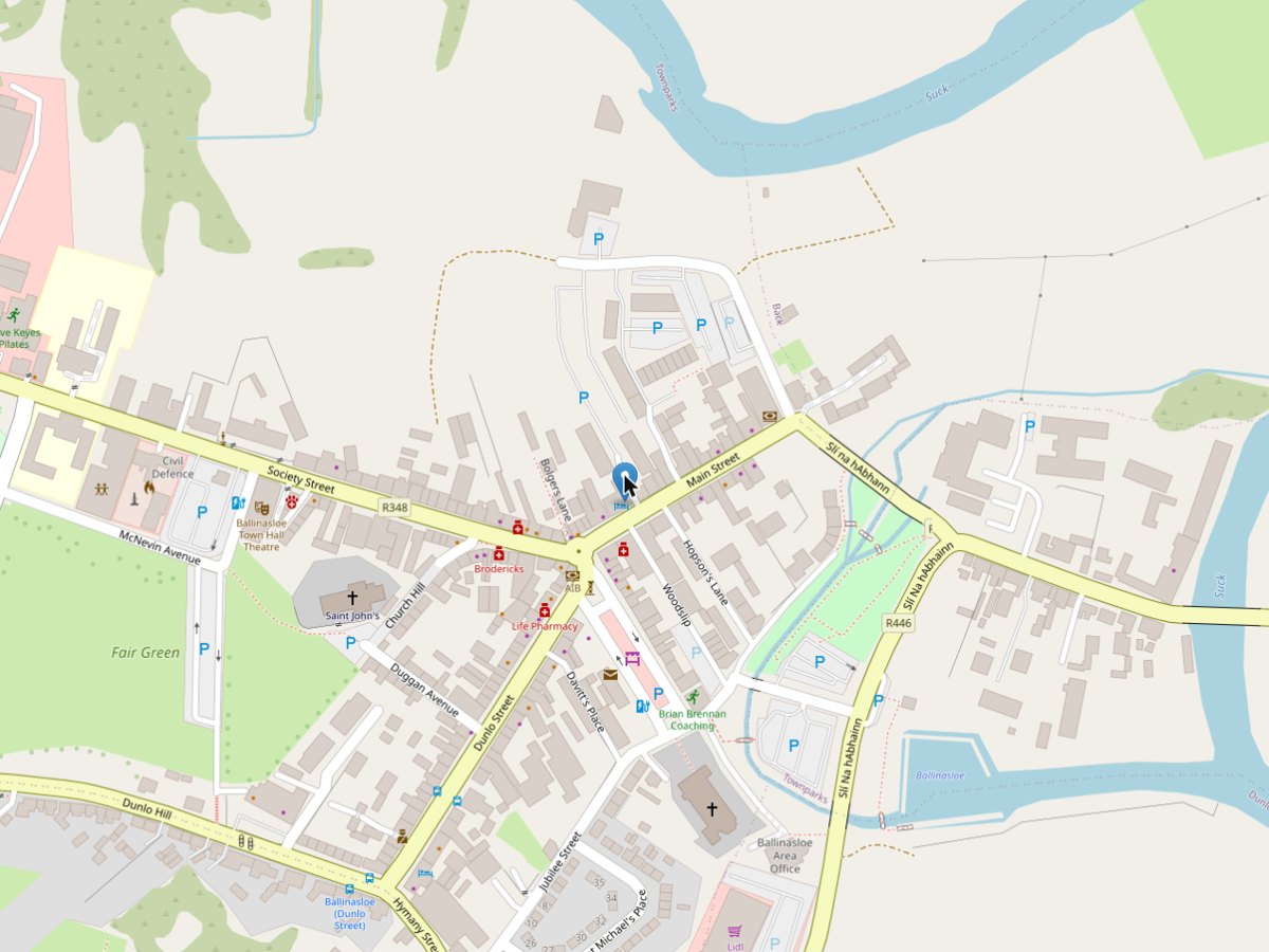 Gullane’s Hotel — Ballinasloe, Co. Galway | Construction Qualifications Ireland Mapa de localização do Gullane's Hotel, Main Street, Ballinasloe, Co. Galway — centro de formação Safe Pass